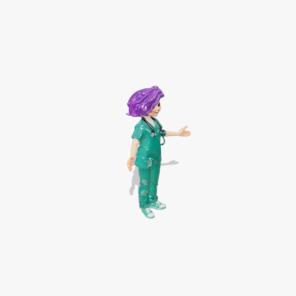 Animated D Medical Character with Purple Hair and Stethoscope